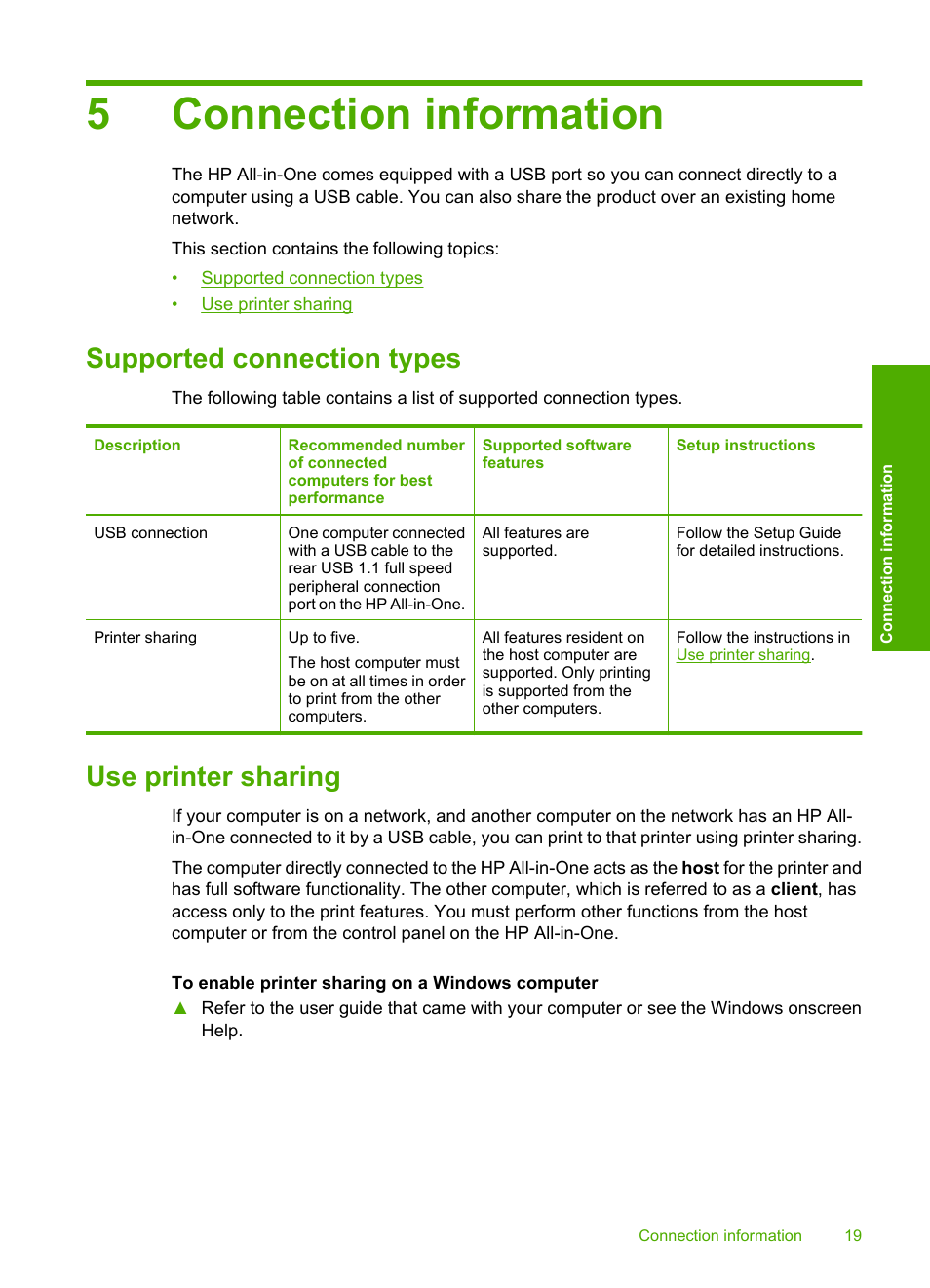 Connection information, Supported connection types, Use printer sharing | 5 connection information, Supported connection types use printer sharing, 5connection information | HP Deskjet F2235 All-in-One Printer User Manual | Page 22 / 225