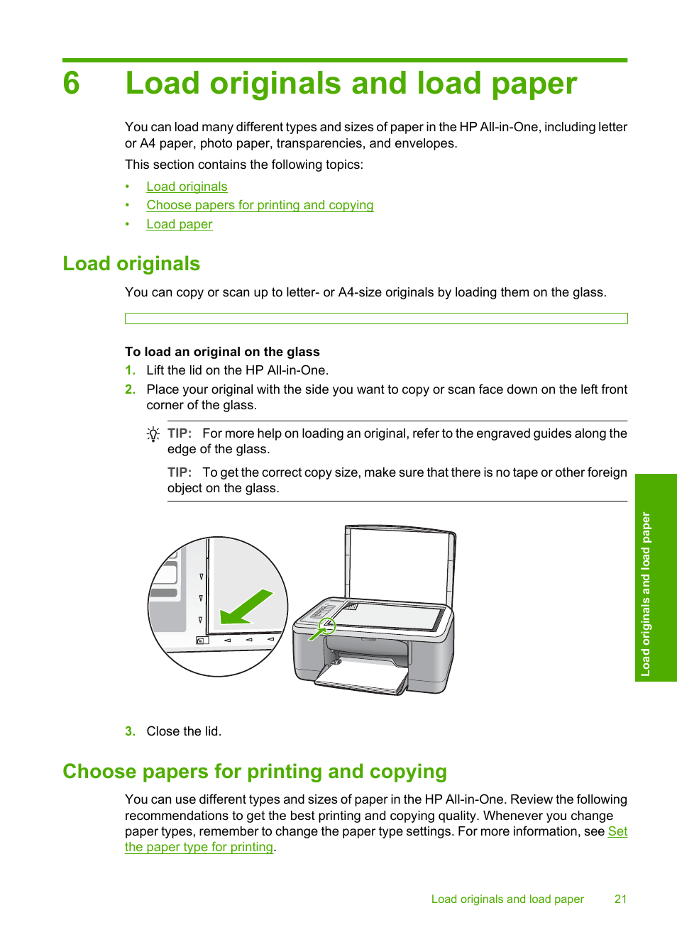 Load originals and load paper, Load originals, Choose papers for printing and copying | 6 load originals and load paper, 6load originals and load paper | HP Deskjet F2235 All-in-One Printer User Manual | Page 24 / 225