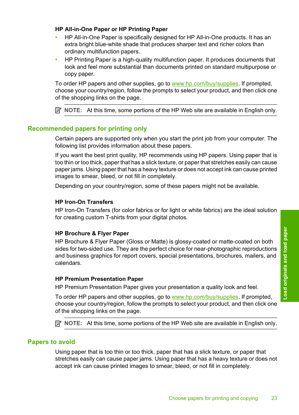 Recommended papers for printing only, Papers to avoid | HP Deskjet F2235 All-in-One Printer User Manual | Page 26 / 225