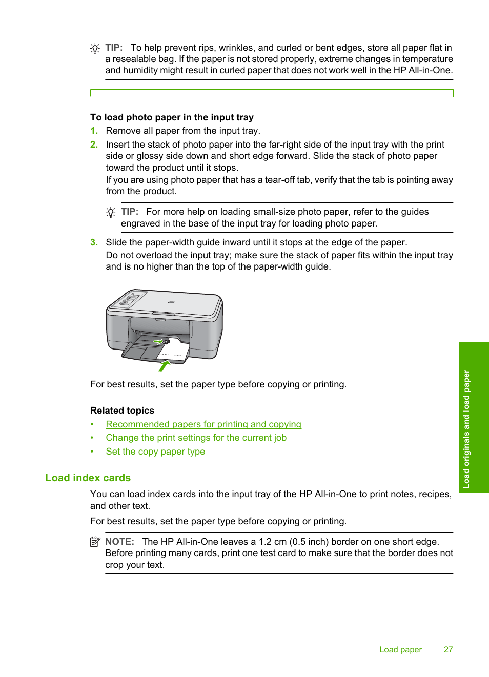 Load index cards | HP Deskjet F2235 All-in-One Printer User Manual | Page 30 / 225