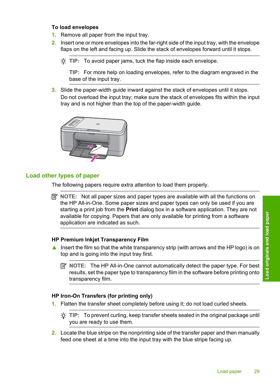 Load other types of paper | HP Deskjet F2235 All-in-One Printer User Manual | Page 32 / 225