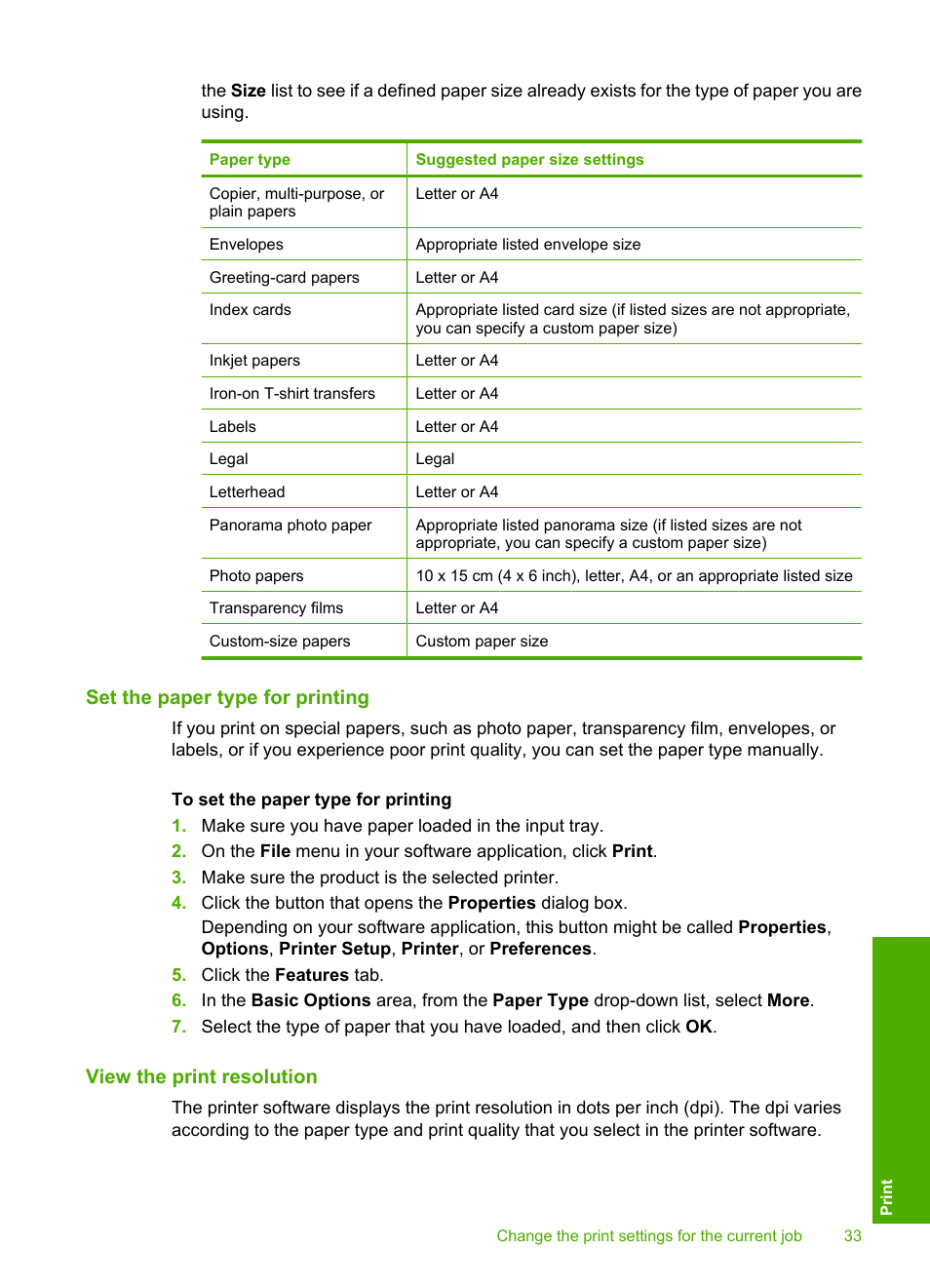 Set the paper type for printing, View the print resolution, The paper type for printing | HP Deskjet F2235 All-in-One Printer User Manual | Page 36 / 225