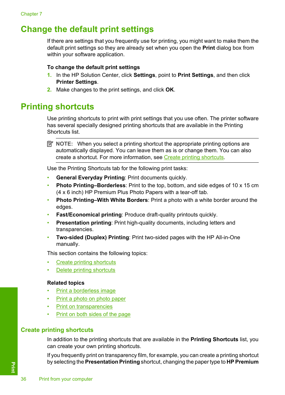 Change the default print settings, Printing shortcuts, Create printing shortcuts | HP Deskjet F2235 All-in-One Printer User Manual | Page 39 / 225