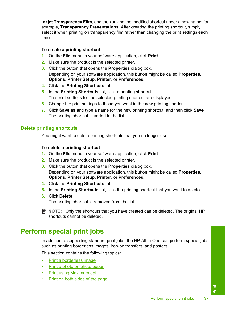 Delete printing shortcuts, Perform special print jobs | HP Deskjet F2235 All-in-One Printer User Manual | Page 40 / 225