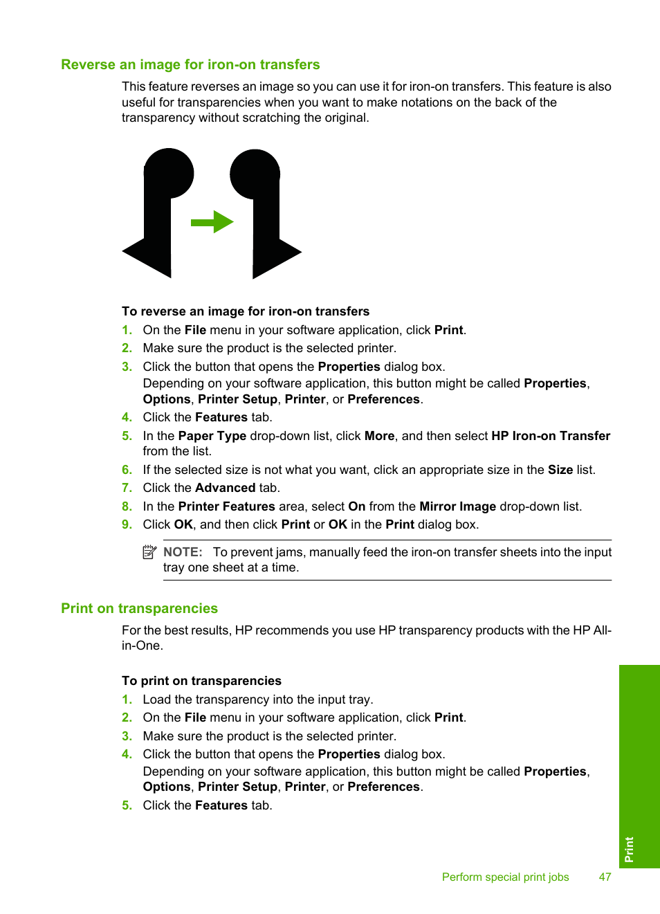 Reverse an image for iron-on transfers, Print on transparencies | HP Deskjet F2235 All-in-One Printer User Manual | Page 50 / 225