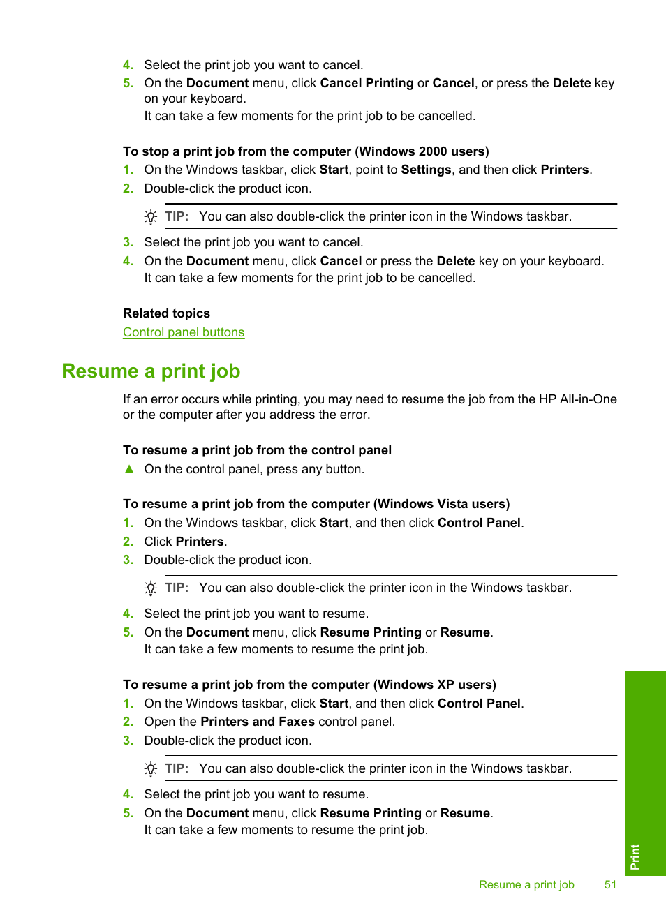 Resume a print job | HP Deskjet F2235 All-in-One Printer User Manual | Page 54 / 225