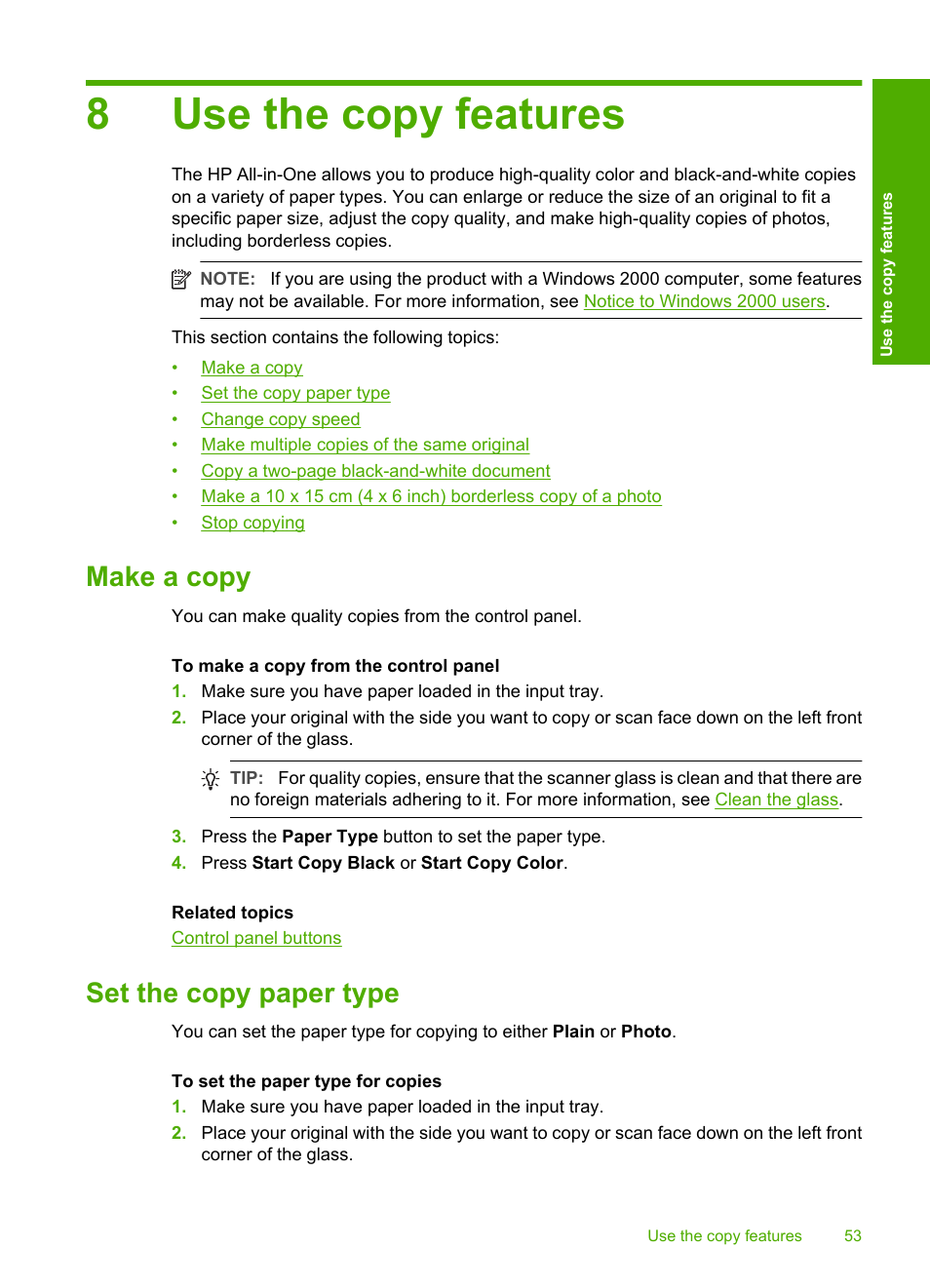 Use the copy features, Make a copy, Set the copy paper type | 8 use the copy features, Make a copy set the copy paper type, 8use the copy features | HP Deskjet F2235 All-in-One Printer User Manual | Page 56 / 225