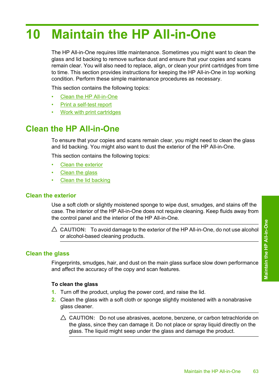 Maintain the hp all-in-one, Clean the hp all-in-one, Clean the exterior | Clean the glass, 10 maintain the hp all-in-one | HP Deskjet F2235 All-in-One Printer User Manual | Page 66 / 225
