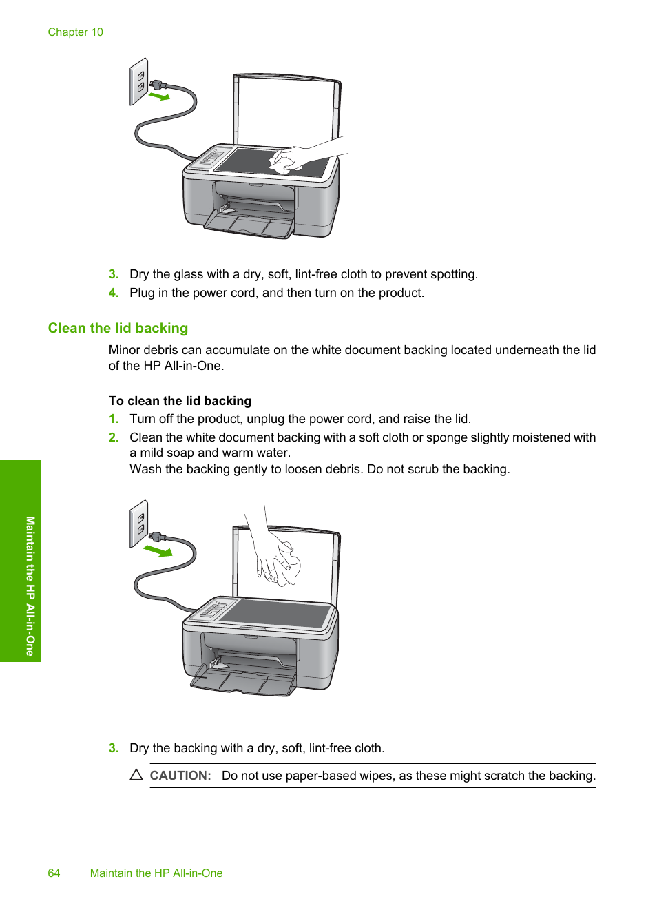 Clean the lid backing | HP Deskjet F2235 All-in-One Printer User Manual | Page 67 / 225