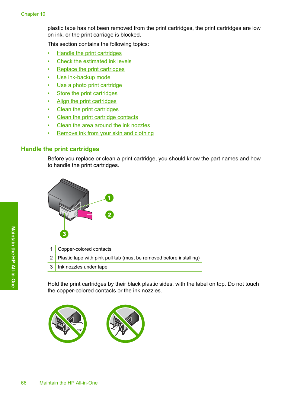 Handle the print cartridges | HP Deskjet F2235 All-in-One Printer User Manual | Page 69 / 225