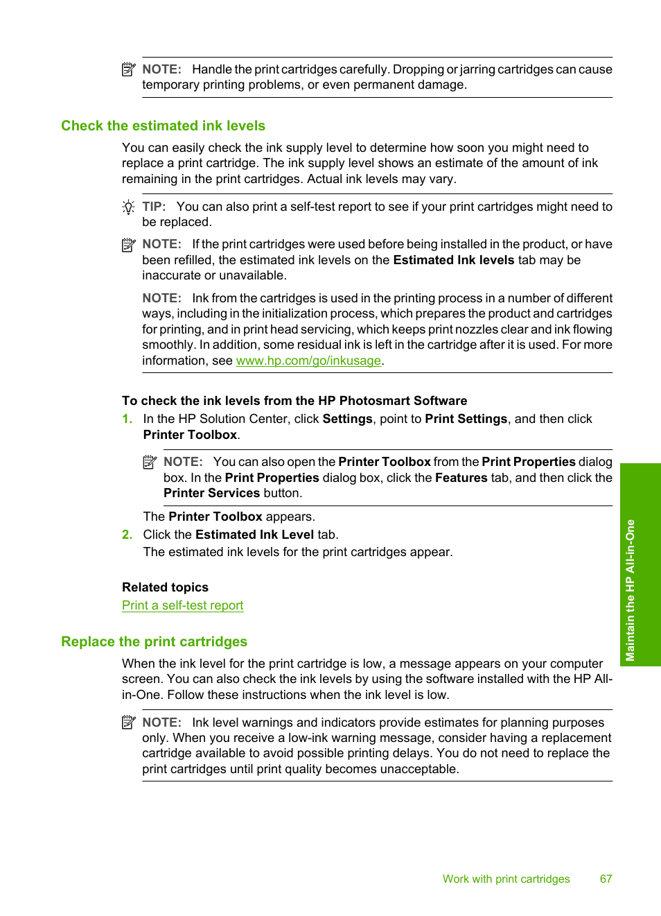 Check the estimated ink levels, Replace the print cartridges, How do i replace the print cartridges | HP Deskjet F2235 All-in-One Printer User Manual | Page 70 / 225