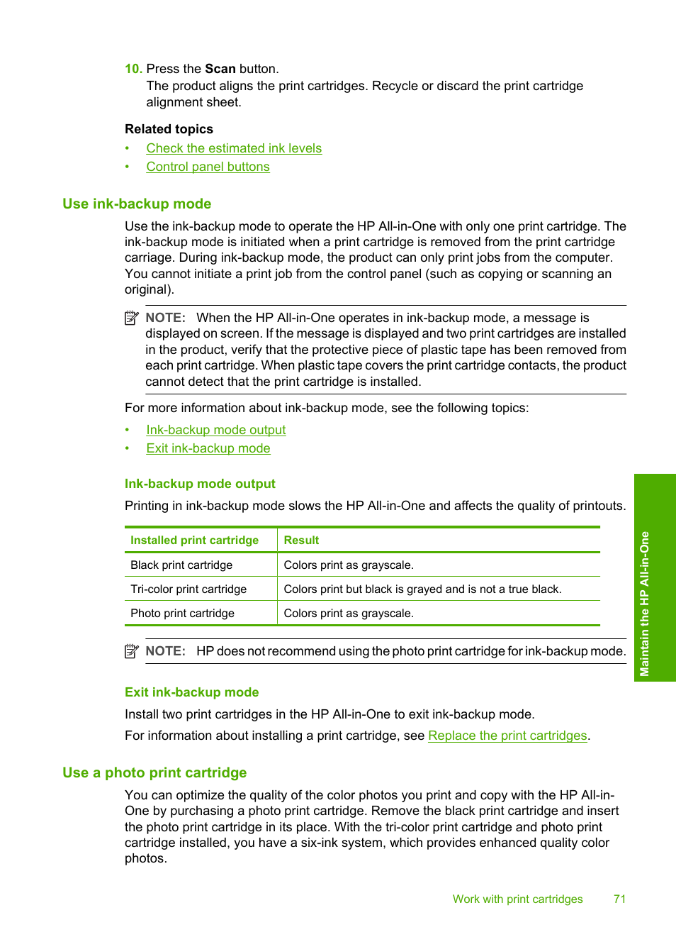 Use ink-backup mode, Ink-backup mode output, Exit ink-backup mode | Use a photo print cartridge | HP Deskjet F2235 All-in-One Printer User Manual | Page 74 / 225
