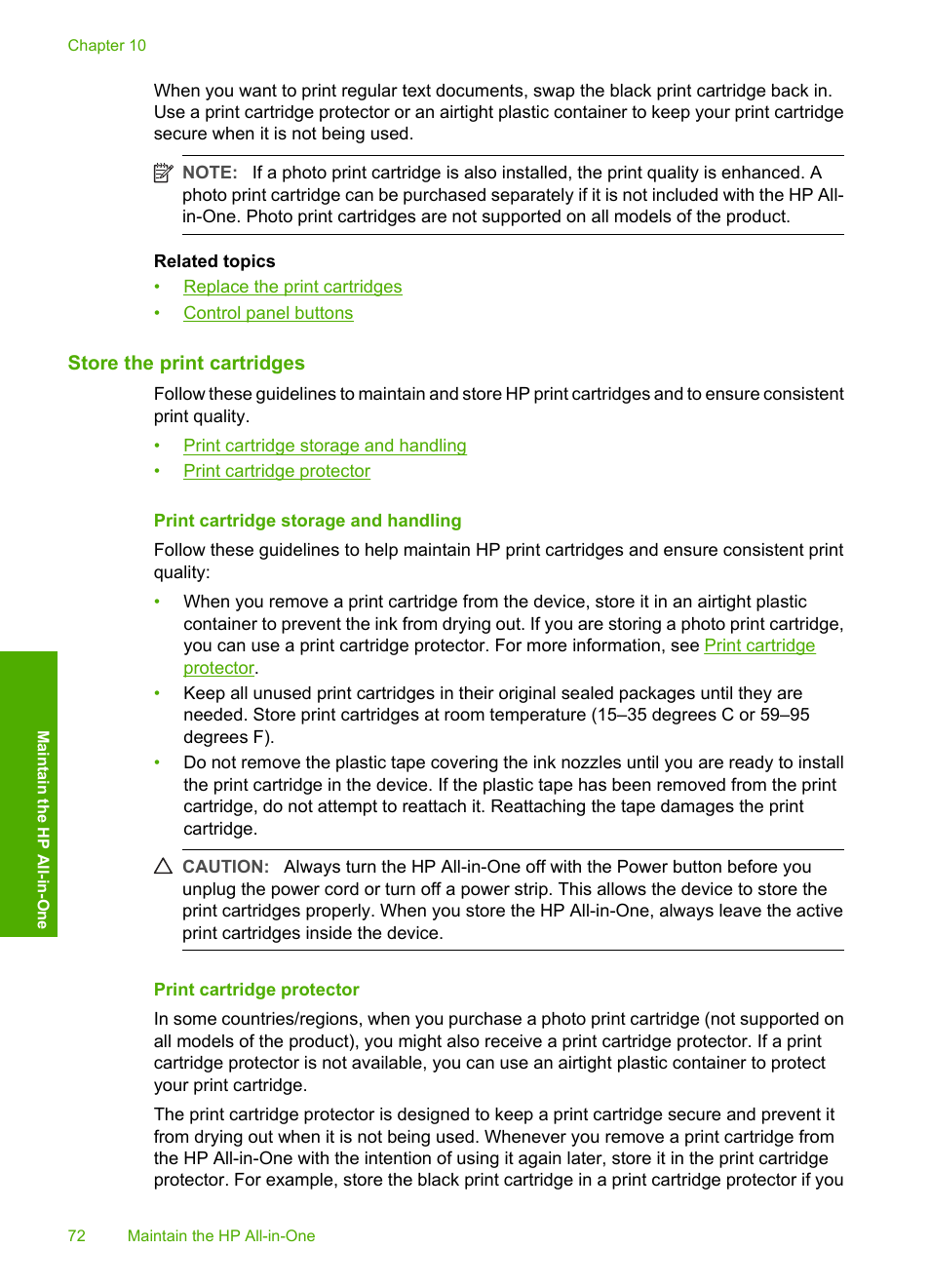 Store the print cartridges, Print cartridge storage and handling, Print cartridge protector | HP Deskjet F2235 All-in-One Printer User Manual | Page 75 / 225