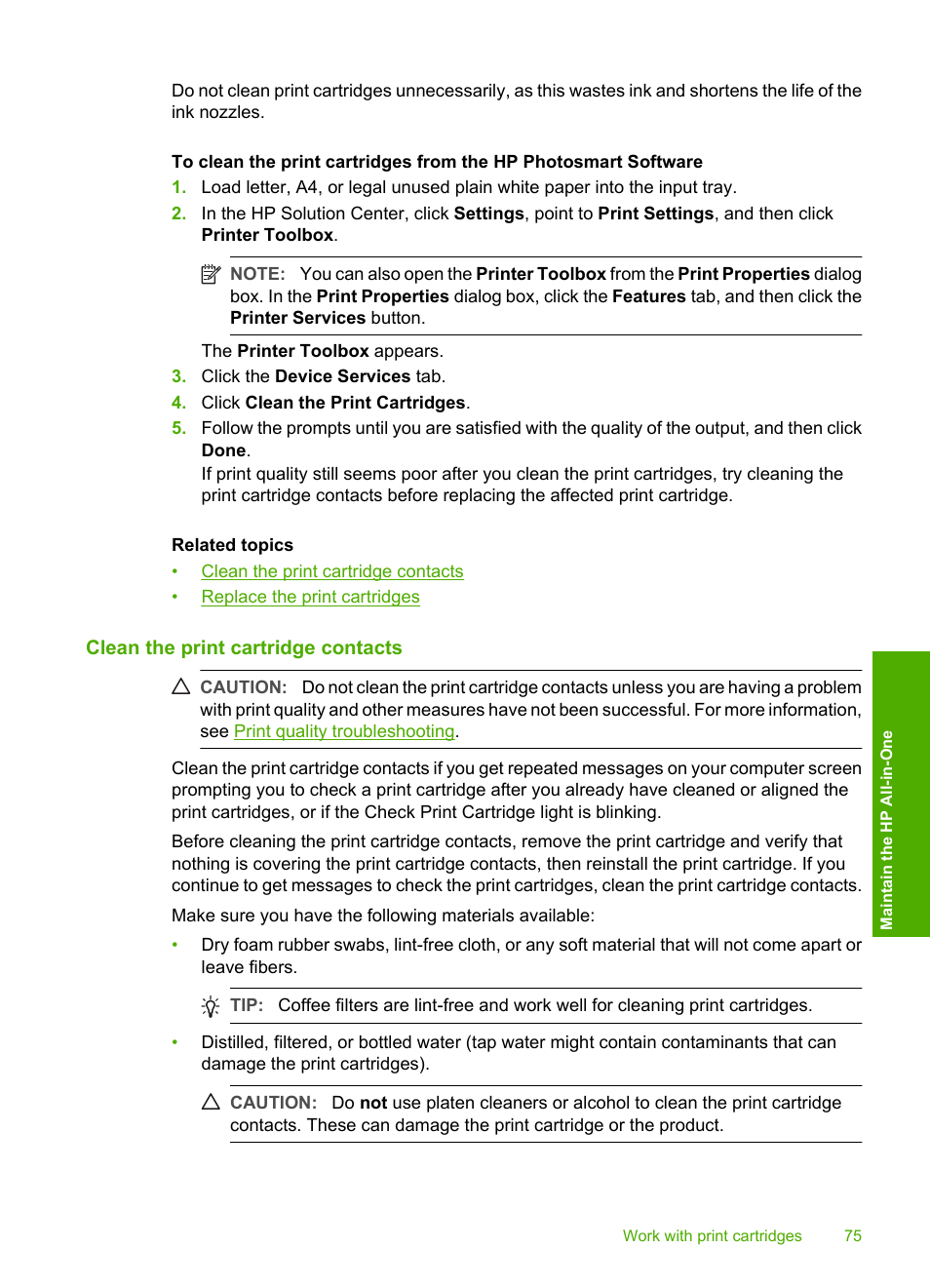 Clean the print cartridge contacts | HP Deskjet F2235 All-in-One Printer User Manual | Page 78 / 225