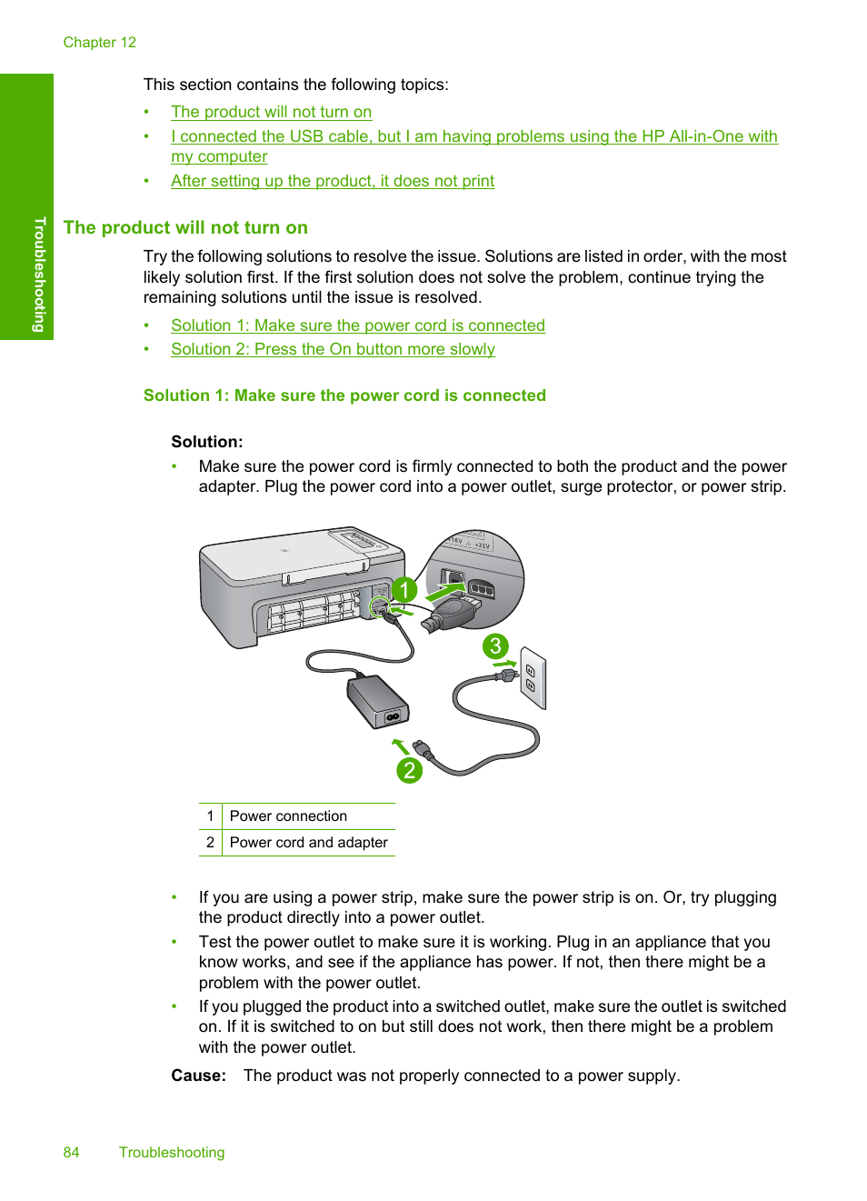 The product will not turn on | HP Deskjet F2235 All-in-One Printer User Manual | Page 87 / 225