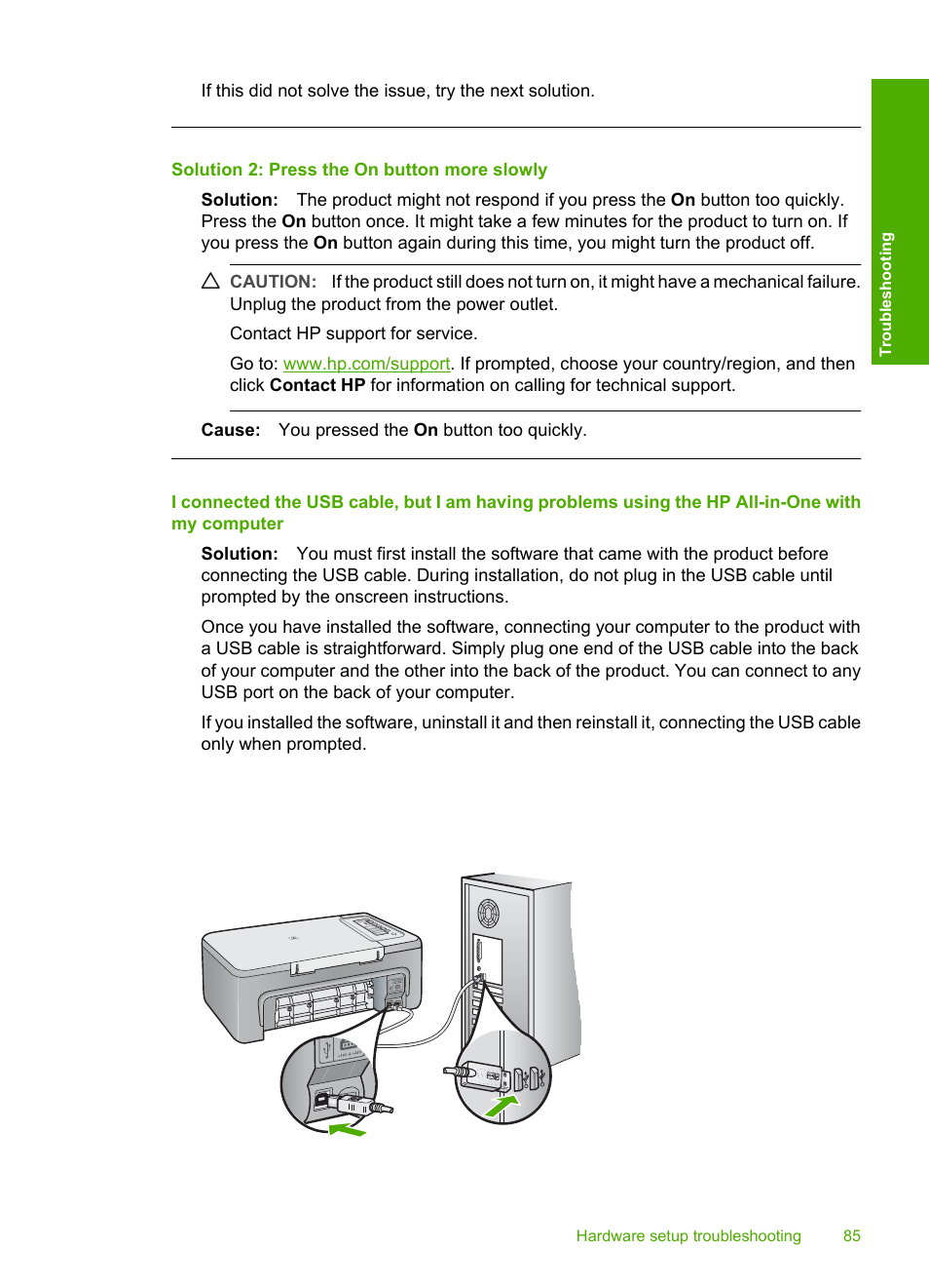 Solution 2: press the on button more slowly | HP Deskjet F2235 All-in-One Printer User Manual | Page 88 / 225