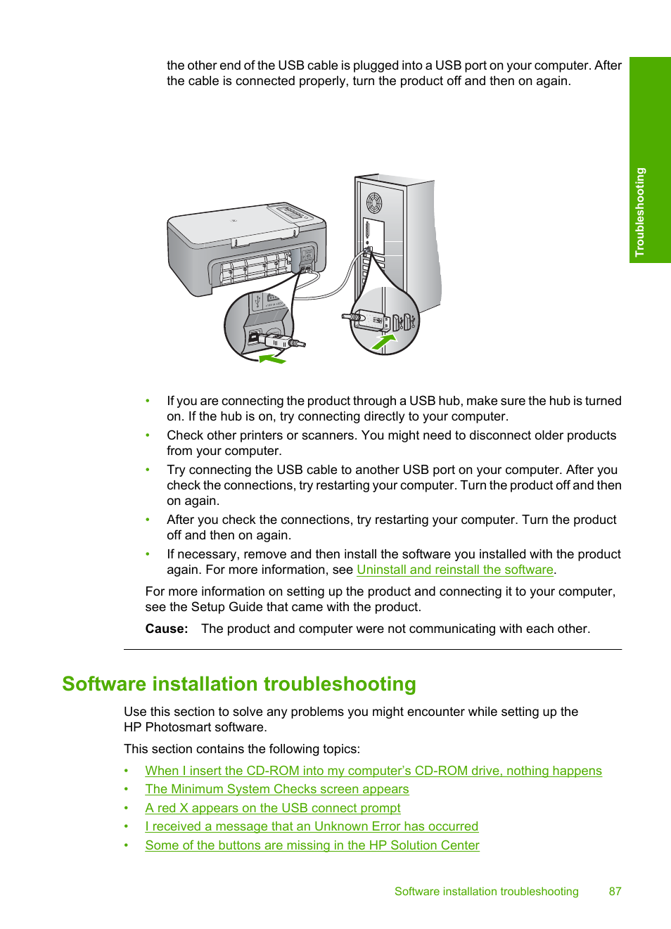 Software installation troubleshooting, Uninstall and reinstall the software | HP Deskjet F2235 All-in-One Printer User Manual | Page 90 / 225