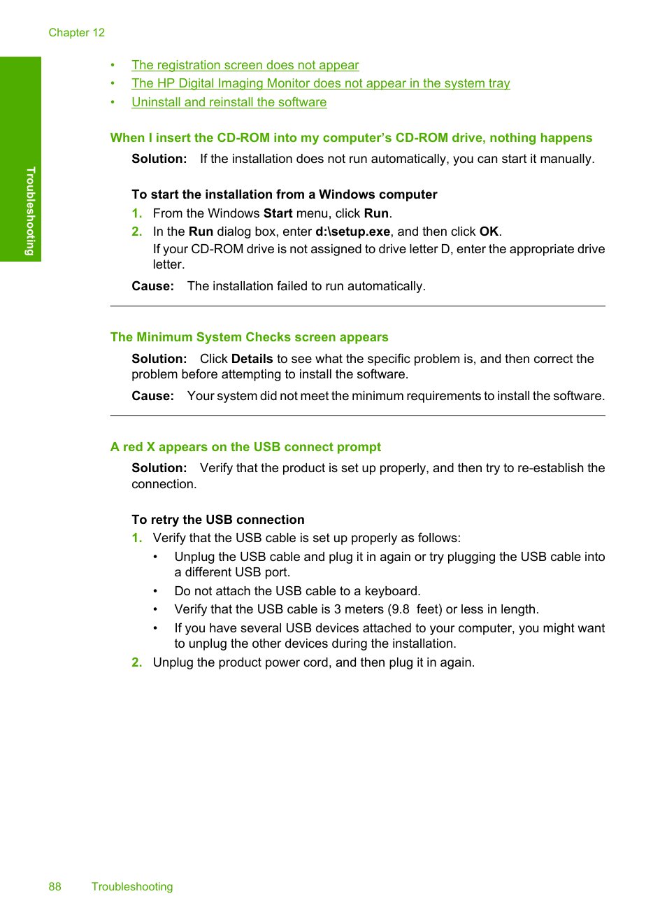 The minimum system checks screen appears, A red x appears on the usb connect prompt | HP Deskjet F2235 All-in-One Printer User Manual | Page 91 / 225