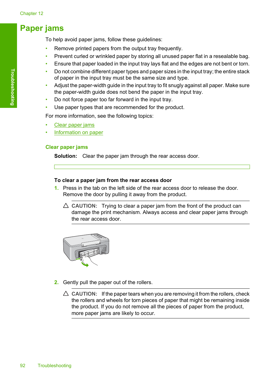 Paper jams, Information on paper, How do i clear a paper jam | HP Deskjet F2235 All-in-One Printer User Manual | Page 95 / 225