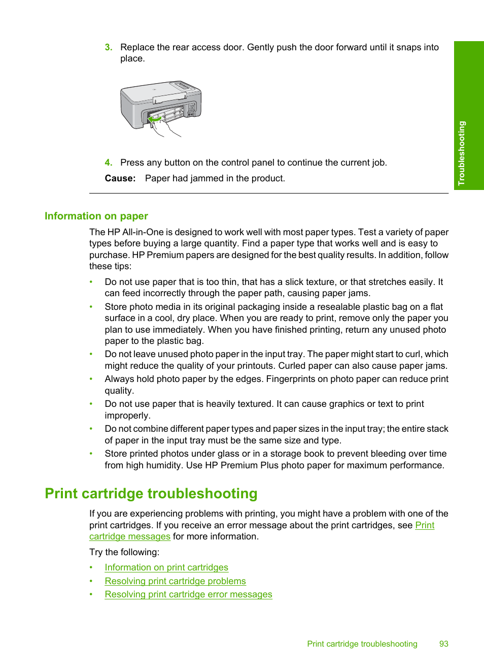 Information on paper, Print cartridge troubleshooting | HP Deskjet F2235 All-in-One Printer User Manual | Page 96 / 225