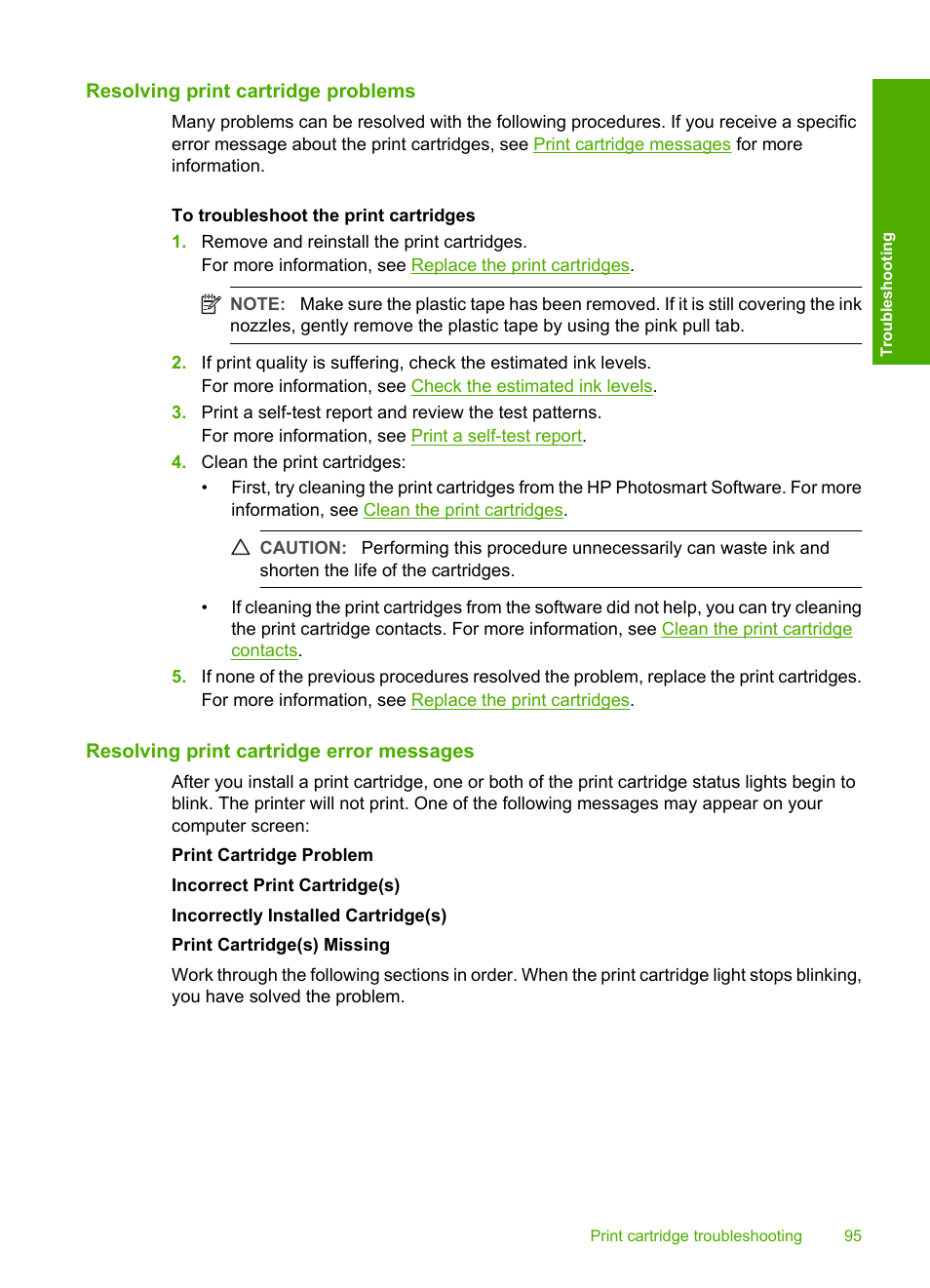 Resolving print cartridge problems, Resolving print cartridge error messages | HP Deskjet F2235 All-in-One Printer User Manual | Page 98 / 225