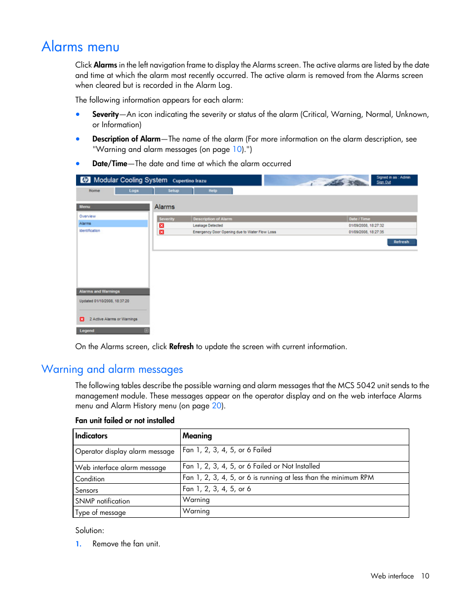 Alarms menu, Warning and alarm messages | HP Modular Cooling System Options User Manual | Page 10 / 55