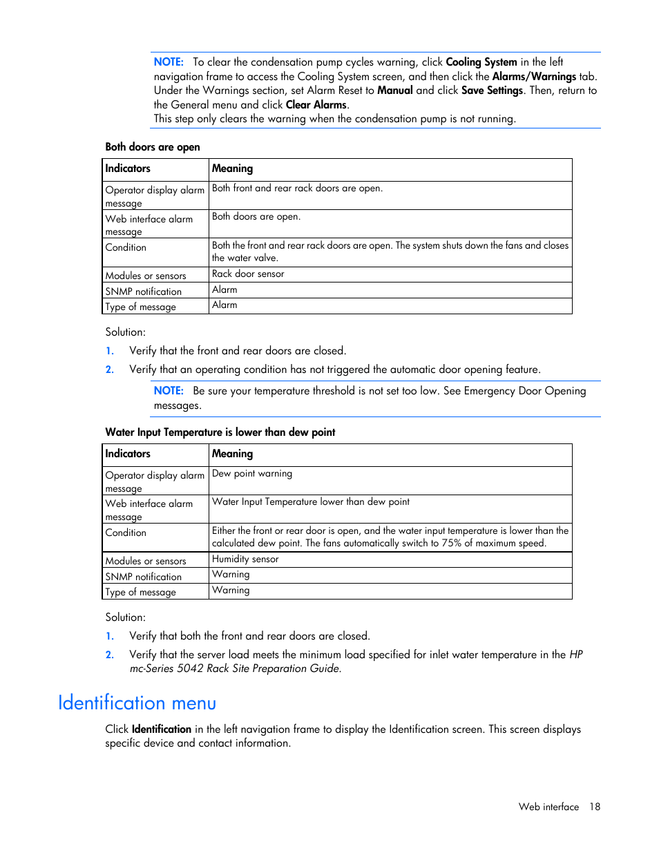 Identification menu | HP Modular Cooling System Options User Manual | Page 18 / 55