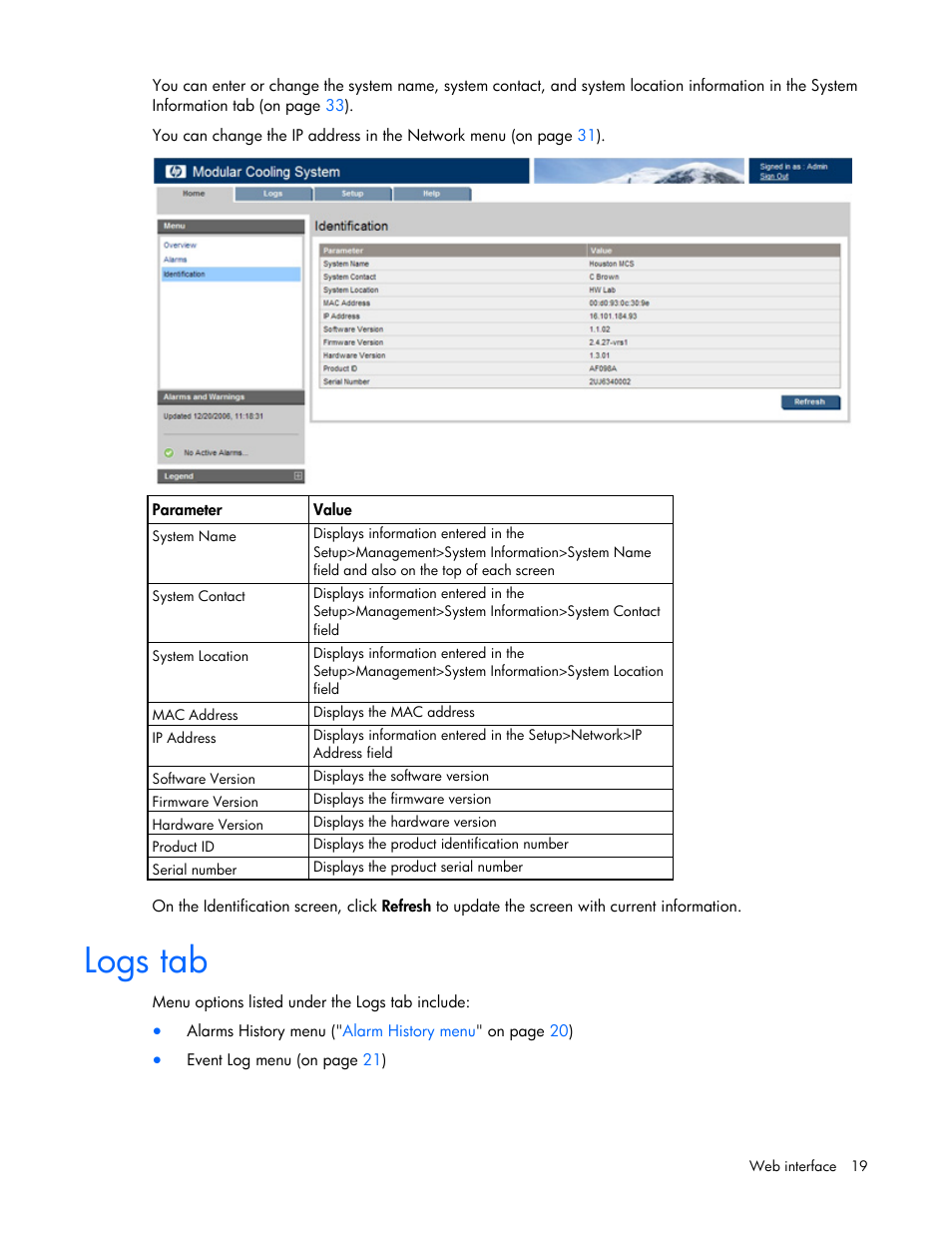 Logs tab | HP Modular Cooling System Options User Manual | Page 19 / 55