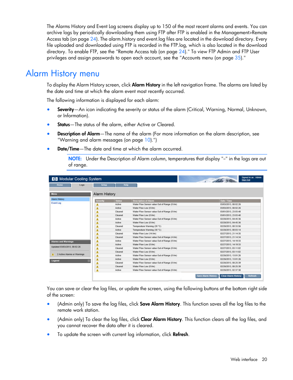 Alarm history menu | HP Modular Cooling System Options User Manual | Page 20 / 55