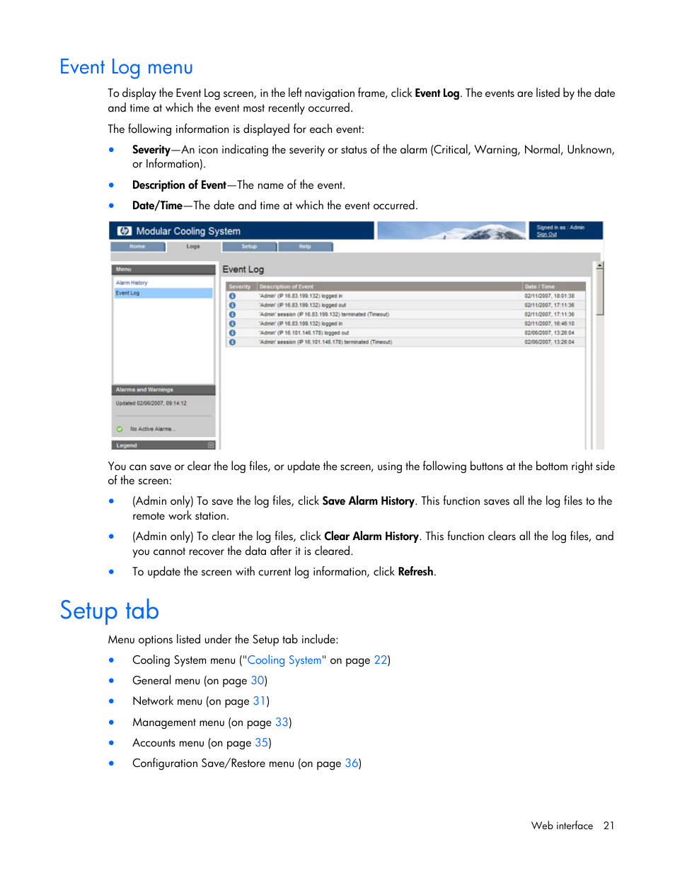 Event log menu, Setup tab | HP Modular Cooling System Options User Manual | Page 21 / 55