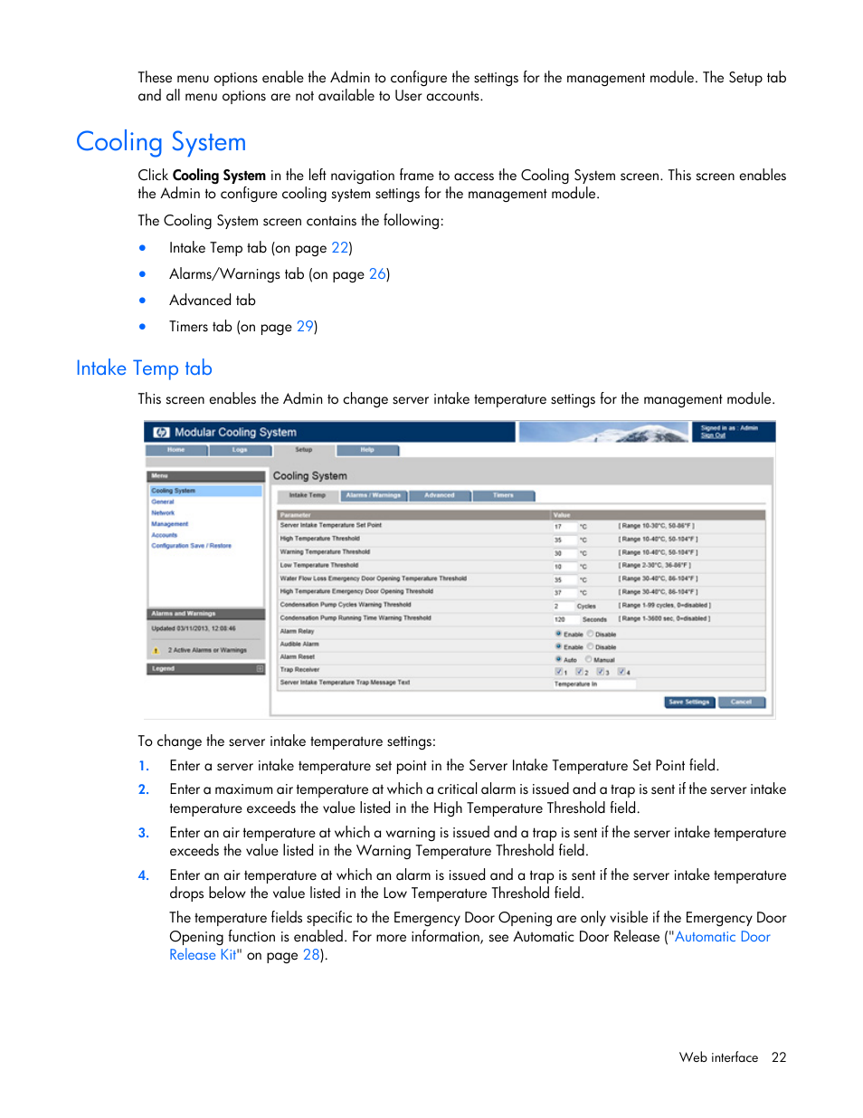 Cooling system, Intake temp tab | HP Modular Cooling System Options User Manual | Page 22 / 55