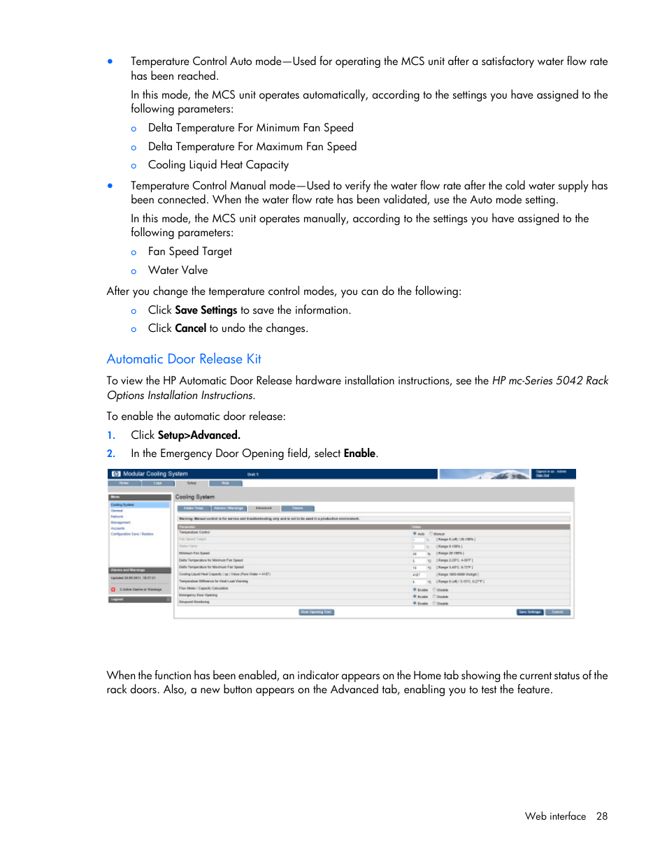 Automatic door release kit, Automatic door, Release kit | HP Modular Cooling System Options User Manual | Page 28 / 55