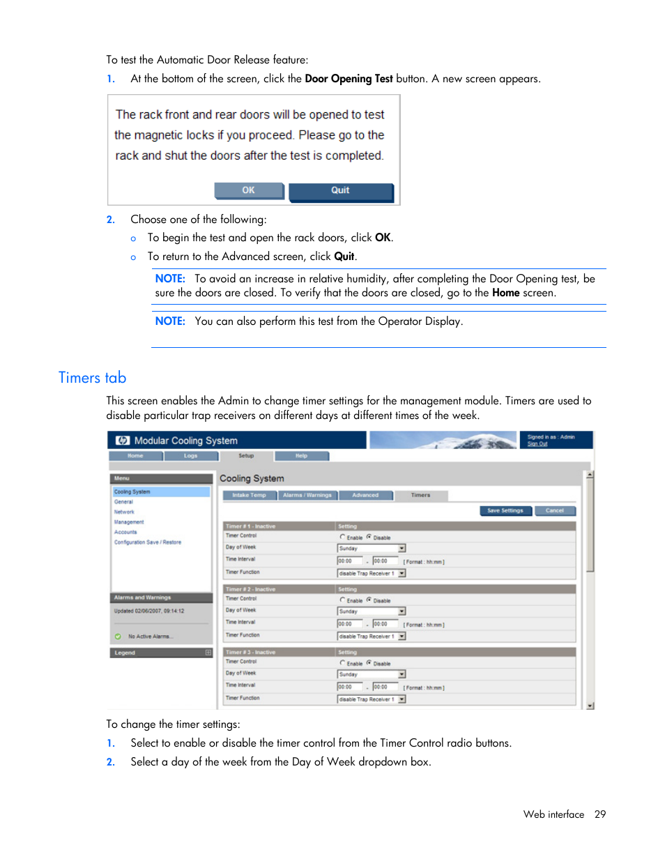 Timers tab | HP Modular Cooling System Options User Manual | Page 29 / 55