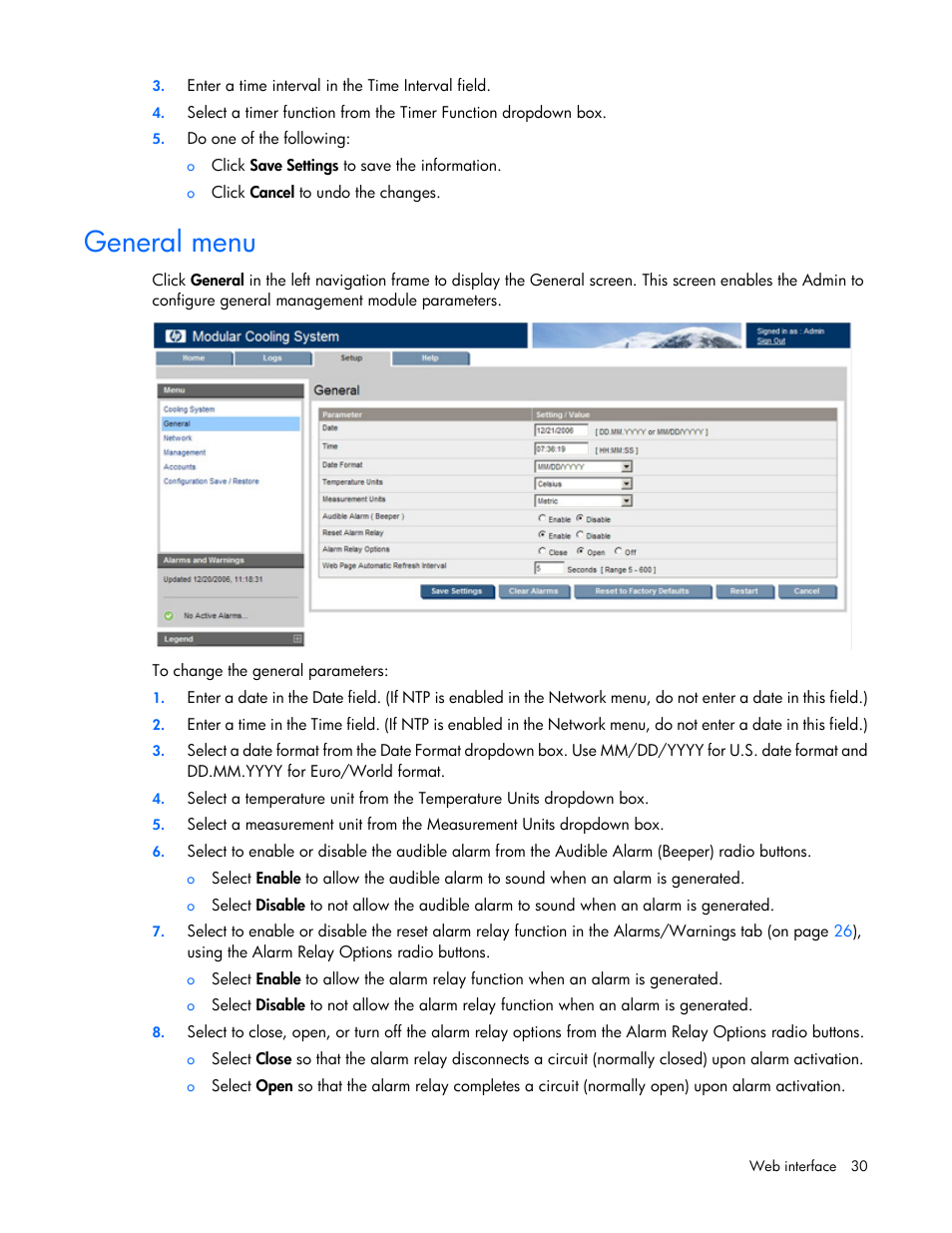 General menu | HP Modular Cooling System Options User Manual | Page 30 / 55