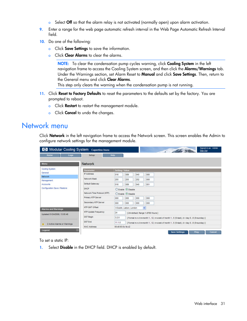 Network menu | HP Modular Cooling System Options User Manual | Page 31 / 55