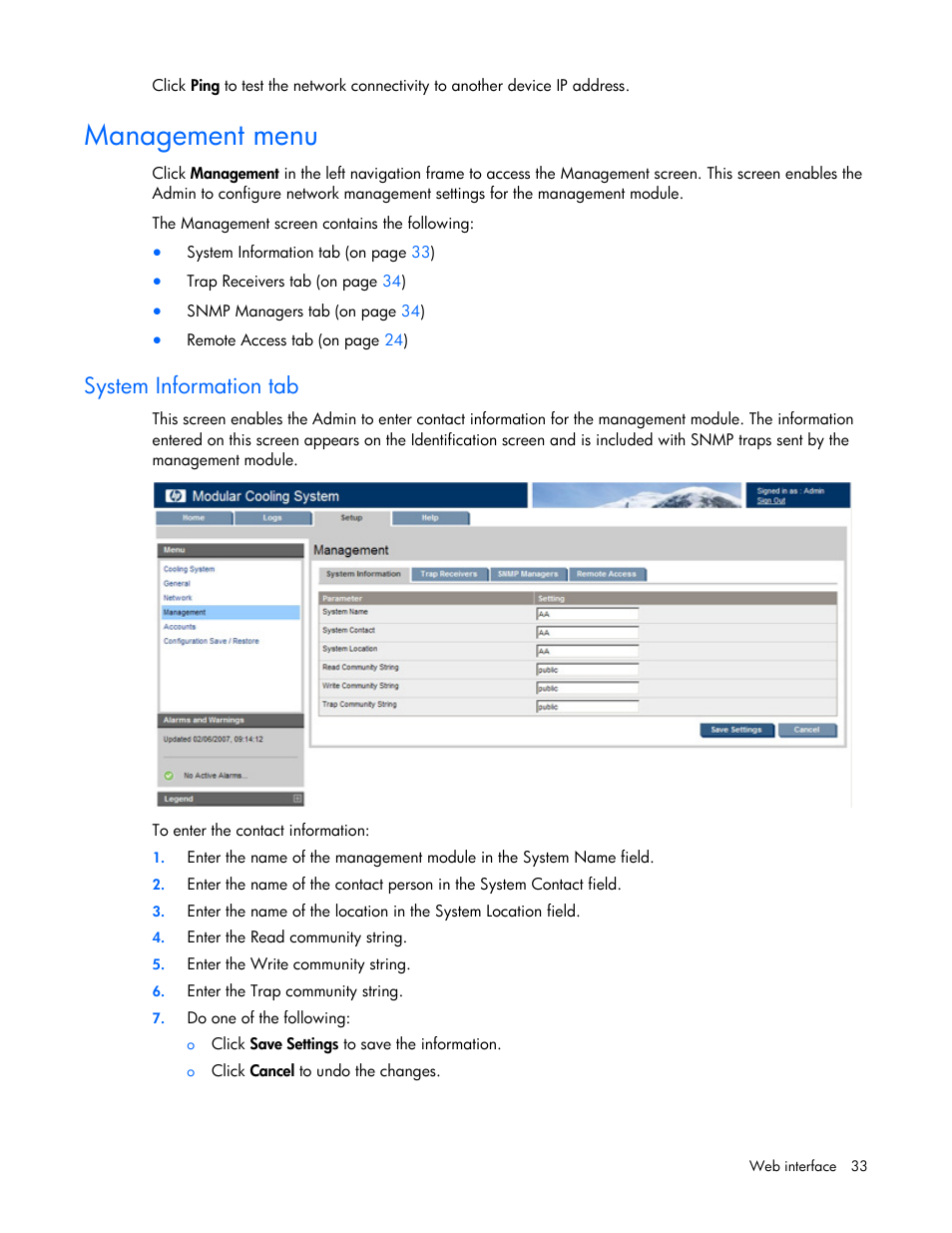 Management menu, System information tab | HP Modular Cooling System Options User Manual | Page 33 / 55