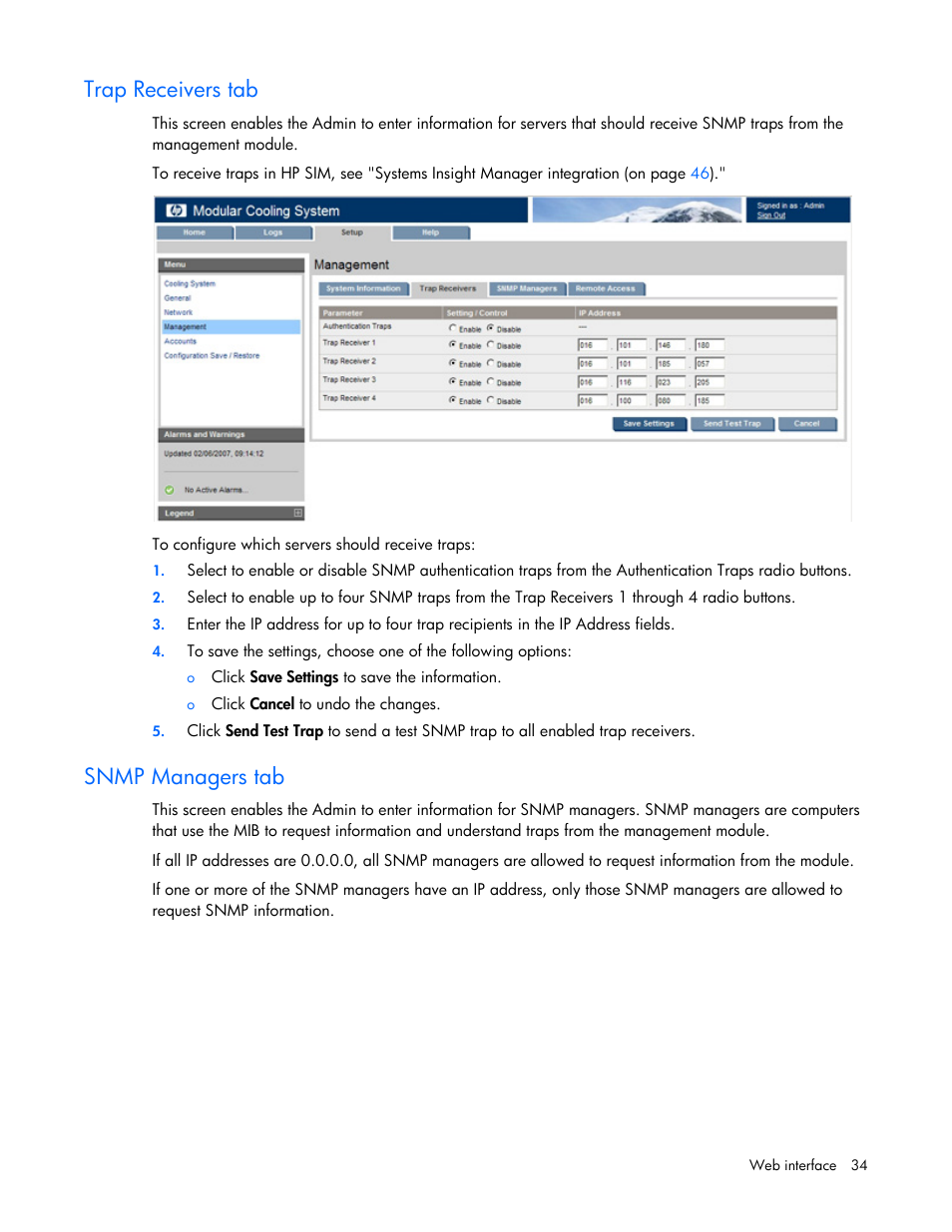 Trap receivers tab, Snmp managers tab | HP Modular Cooling System Options User Manual | Page 34 / 55