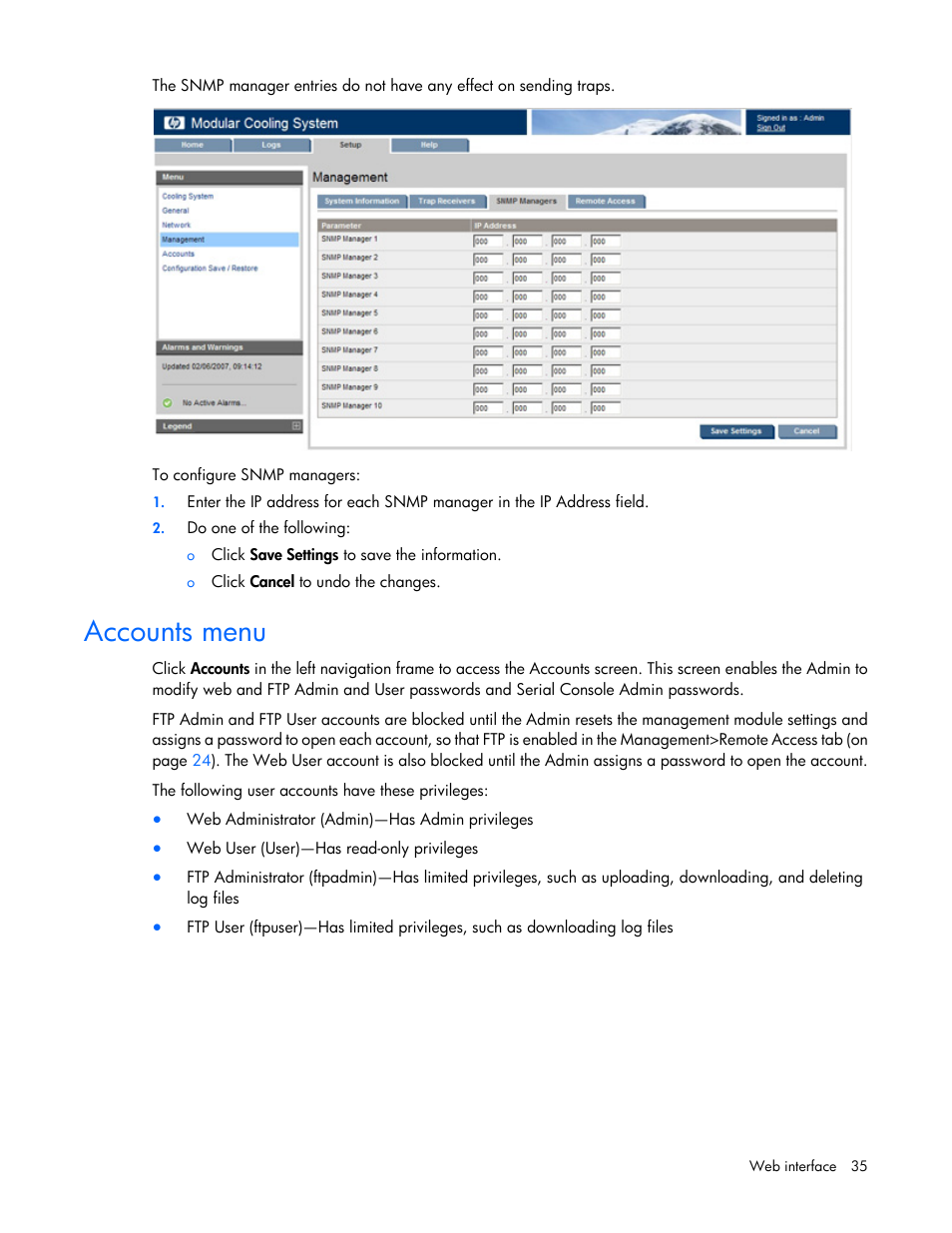 Accounts menu | HP Modular Cooling System Options User Manual | Page 35 / 55