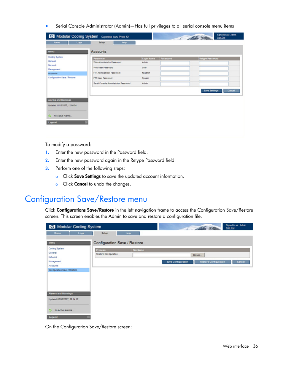 Configuration save/restore menu | HP Modular Cooling System Options User Manual | Page 36 / 55