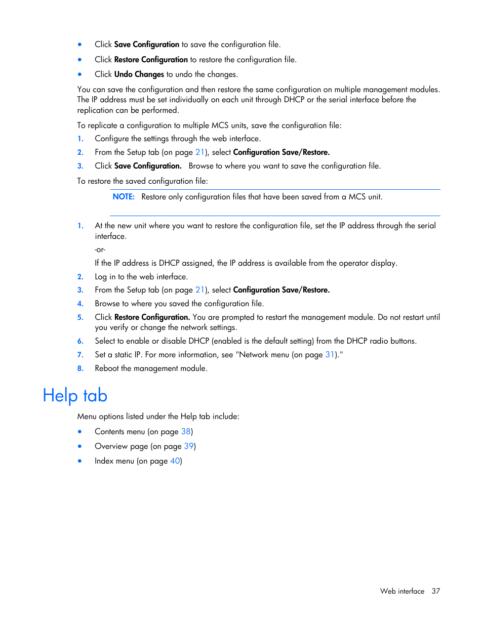 Help tab | HP Modular Cooling System Options User Manual | Page 37 / 55
