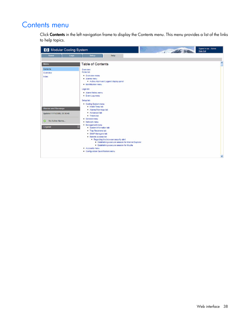 Contents menu | HP Modular Cooling System Options User Manual | Page 38 / 55