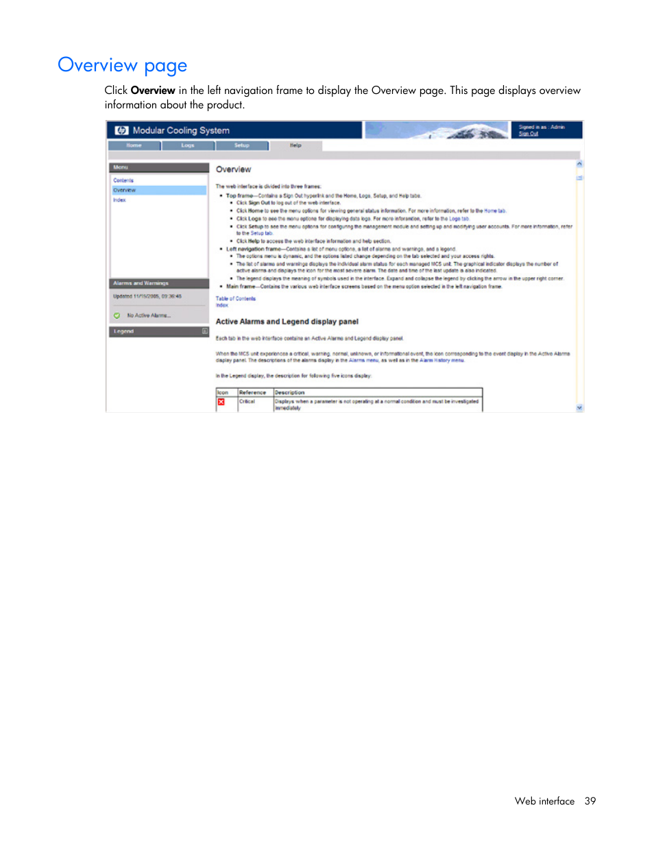 Overview page | HP Modular Cooling System Options User Manual | Page 39 / 55