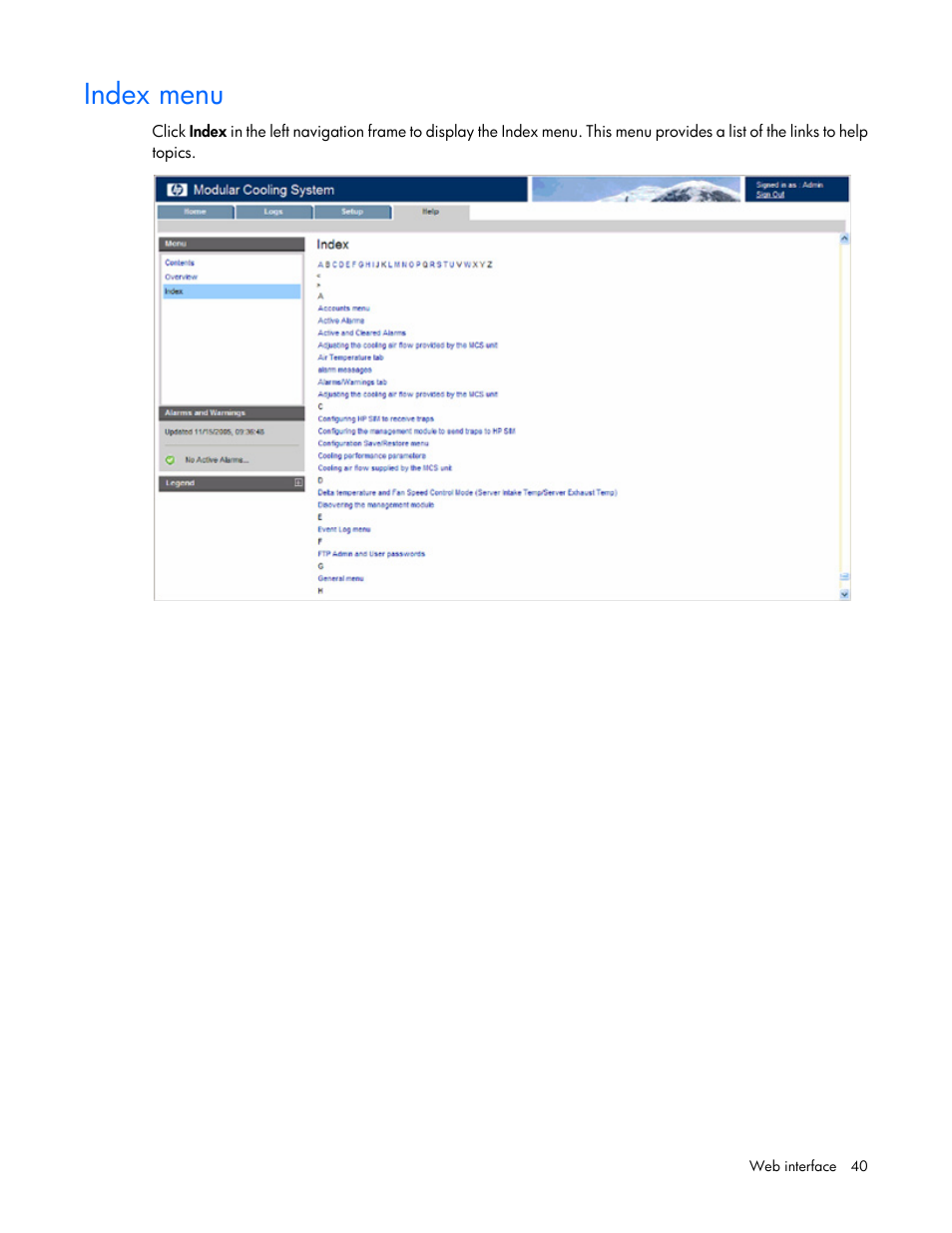 Index menu | HP Modular Cooling System Options User Manual | Page 40 / 55