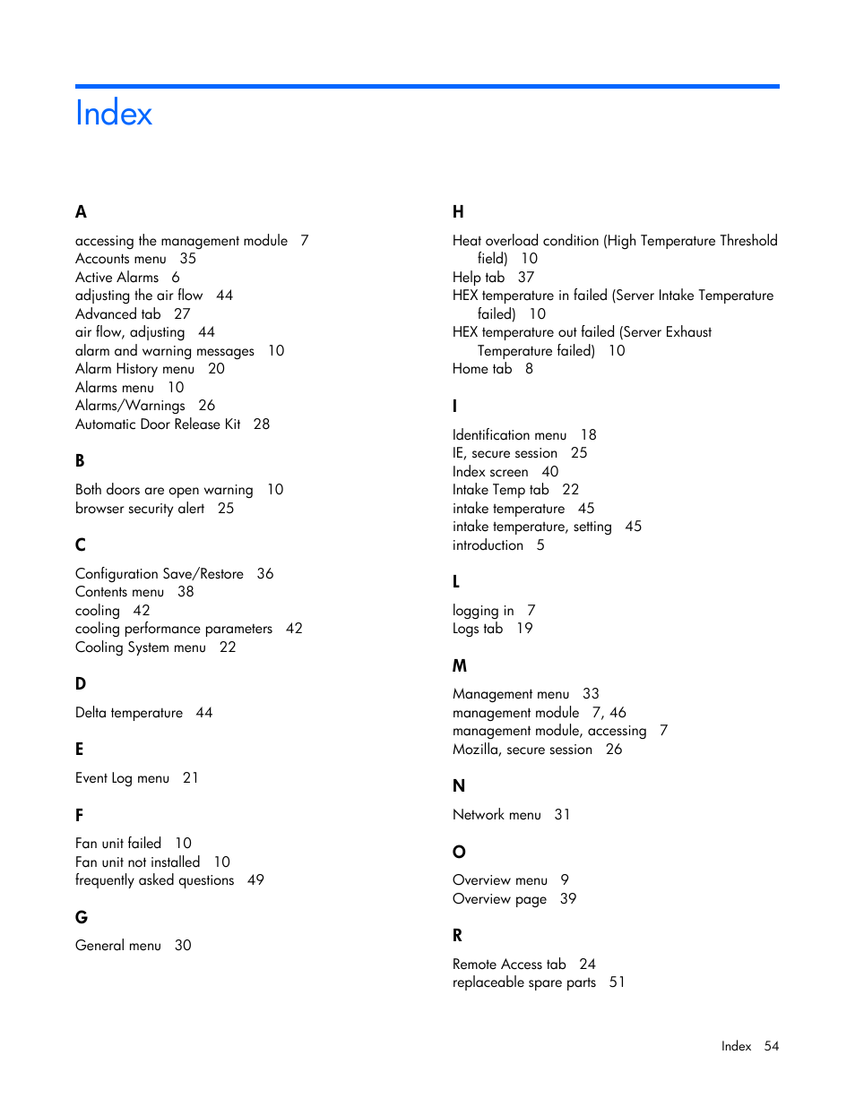 Index | HP Modular Cooling System Options User Manual | Page 54 / 55