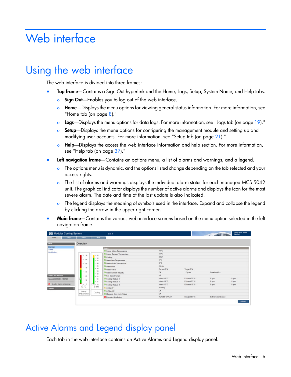 Web interface, Using the web interface, Active alarms and legend display panel | HP Modular Cooling System Options User Manual | Page 6 / 55