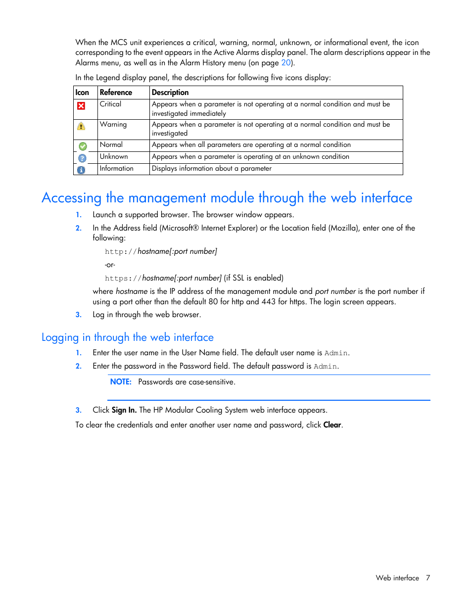 Logging in through the web interface | HP Modular Cooling System Options User Manual | Page 7 / 55