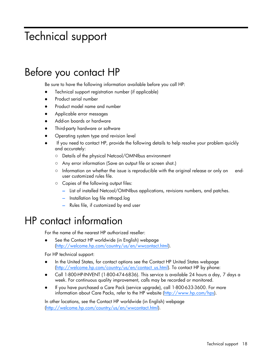 Technical support, Before you contact hp, Hp contact information | HP Insight Management for Tivoli User Manual | Page 18 / 270