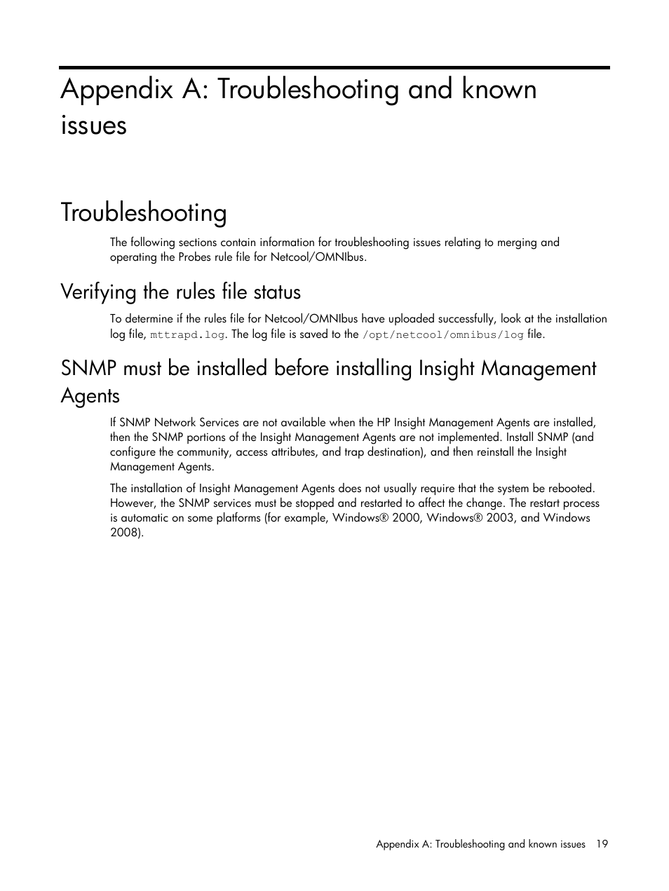 Appendix a: troubleshooting and known issues, Troubleshooting, Verifying the rules file status | HP Insight Management for Tivoli User Manual | Page 19 / 270