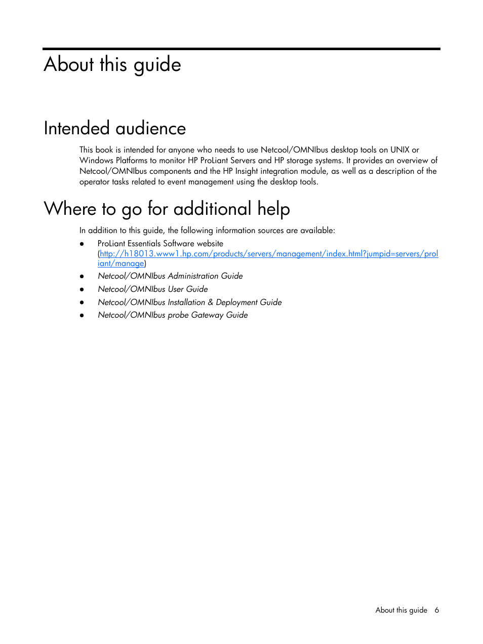 About this guide, Intended audience, Where to go for additional help | HP Insight Management for Tivoli User Manual | Page 6 / 270
