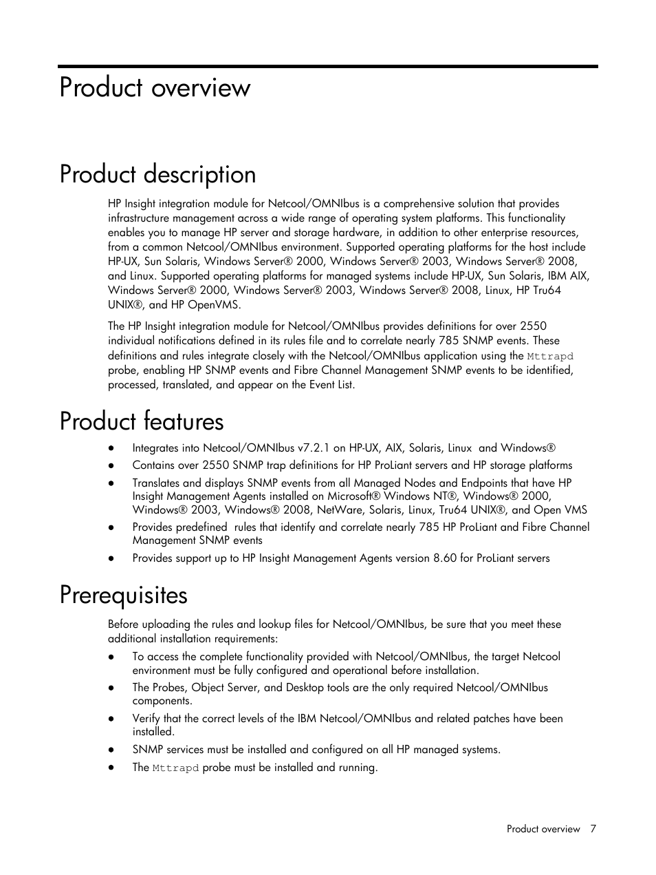 Product overview, Product description, Product features | Prerequisites | HP Insight Management for Tivoli User Manual | Page 7 / 270